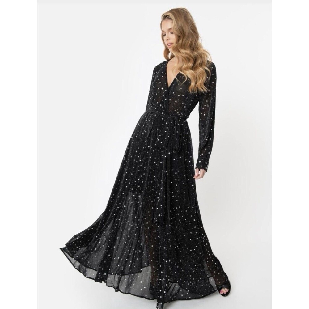 Unique Vintage XL/2X Farrah Shimmer Black Silver Stars Long Sleeve Maxi EUC